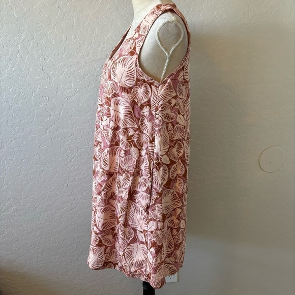 Tahari Pink Leaf Print V-Neck Sleeveless Linen A-Line Dress Pockets Size Small - Picture 4 of 11